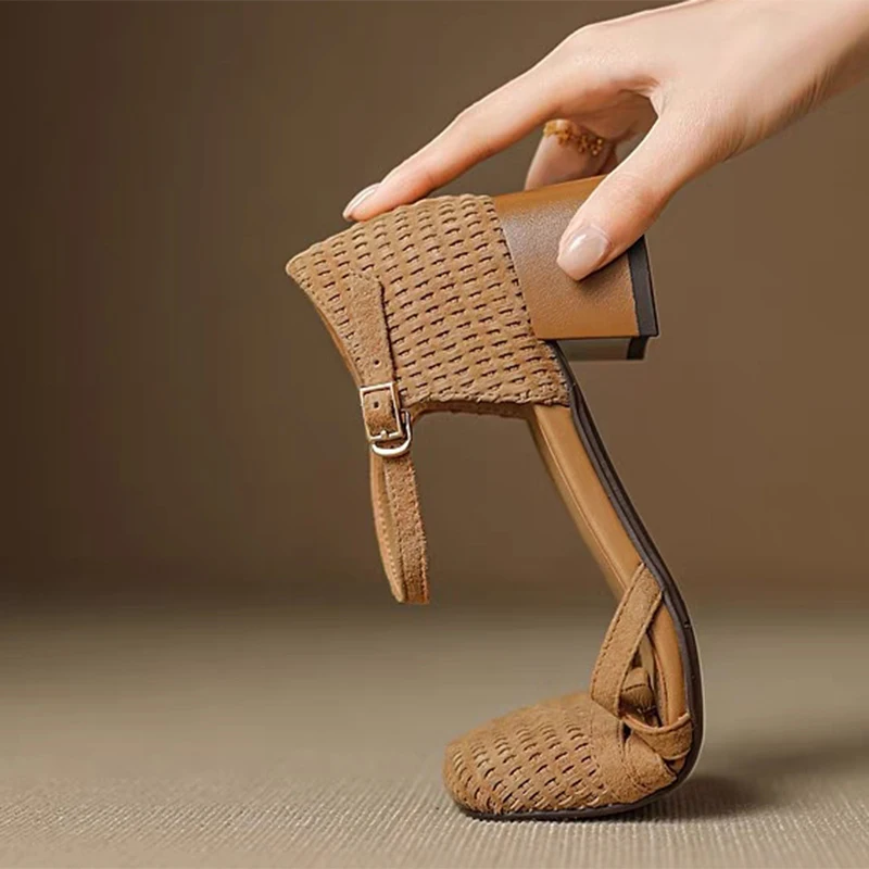 Retro Weave High Heel Sandals Women 2025 Summer Square Toe Ankle Strap Beach Shoes Roman Closed Toe Square Heels Casual Shoes view 5