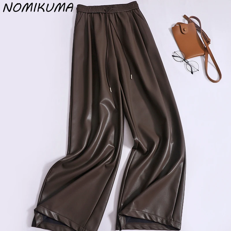 

Nomikuma Autumn PU Pants Elastic Waist Drawstring Wide Leg Trousers Casual Fashion Leather Floor-length Pant Pantalones Mujer