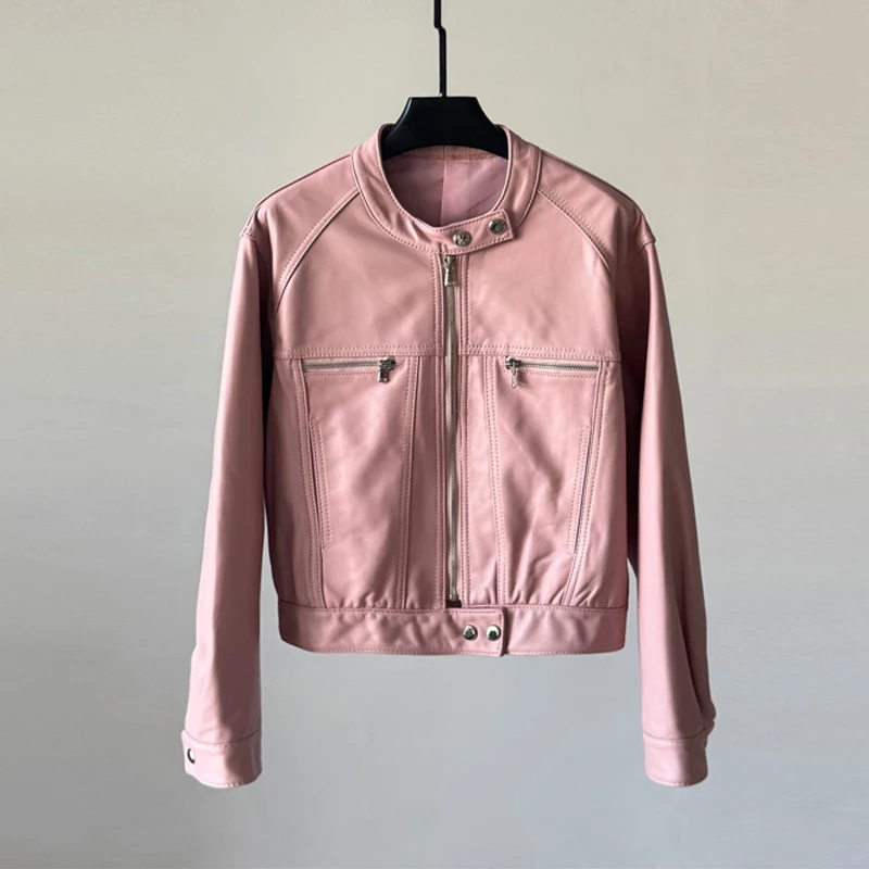 レディースカジュアルショート丈本革ジャケット 2025年秋ファッション スタンドカラー ジッパー付き シープスキン ライダースジャケット コート