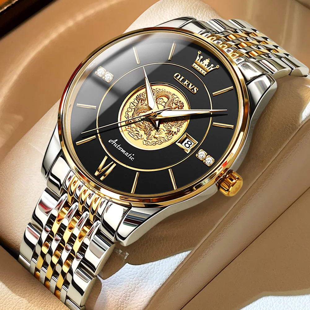 OLEVS Luxury 3D Chinese Dragon Automatic Watch for Men Classic Waterproof Stainless Steel Mechanical Original Date Wristwatch