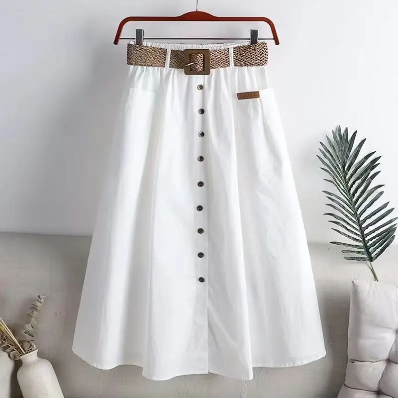 Women's High-Waisted Midi Skirt, Button-Front A-Line Skirt with Woven Belt & Pockets, Casual Flared Skirt for Spring & Summer