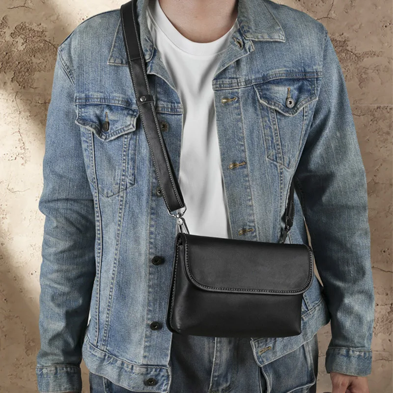 

Minimalist Black Genuine Leather Cowhide Crossbody Bag Small Flap Shoulder Bags for Men Casual Daily Handbag