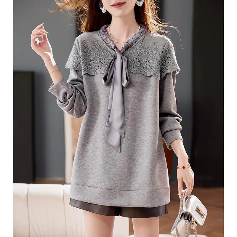 

Новые весенне-осенние женские худи с кружевными вставками, винтажные, однотонные, с V-образным вырезом, длинным рукавом, универсальные, повседневные, свободные свитшоты