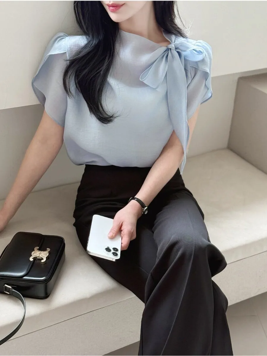 Elegant Knot Silk Short Sleeve Shirt Women's Summer New Style Thin All-Match Top Korean Style Spring Autumn Winter