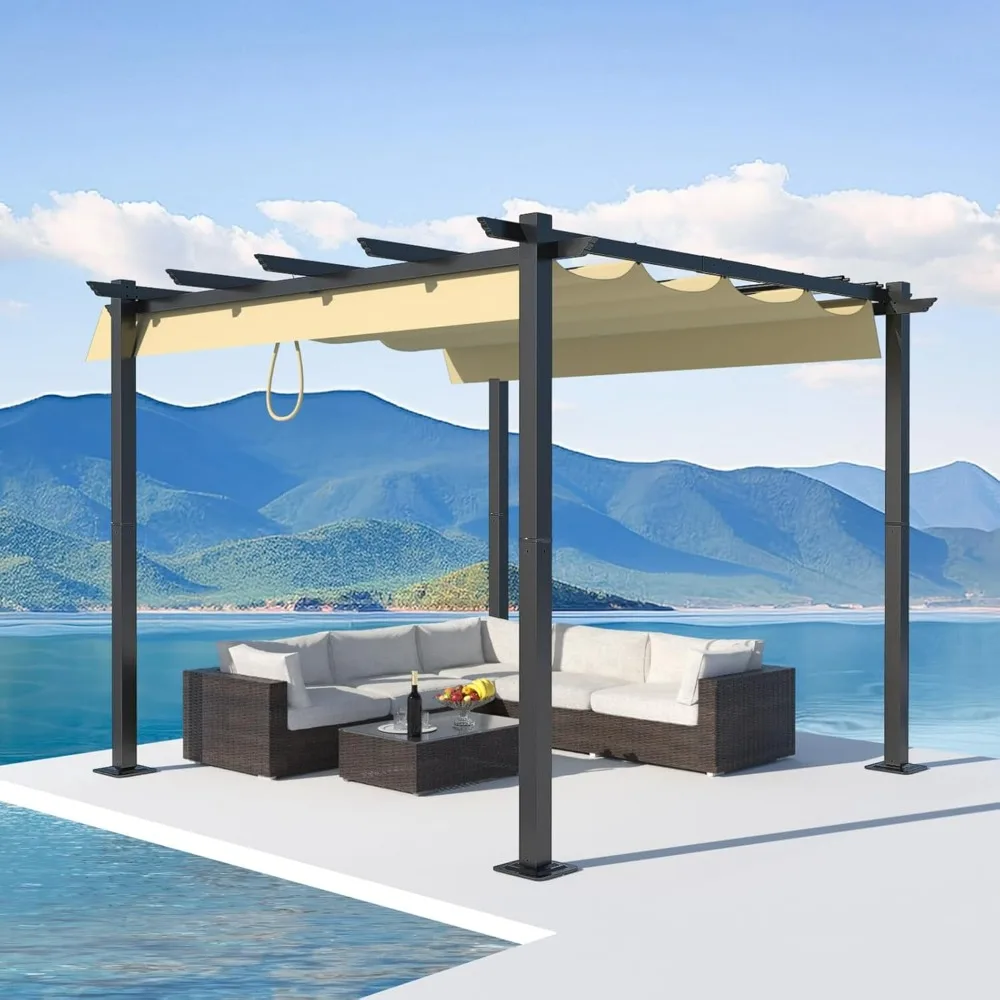 

10'X10' Outdoor Retractable Pergola, Aluminum Outdoor Pergola Retractable Sun Shade Canopy, Heavy Duty Pergolas Shelter Gazebo