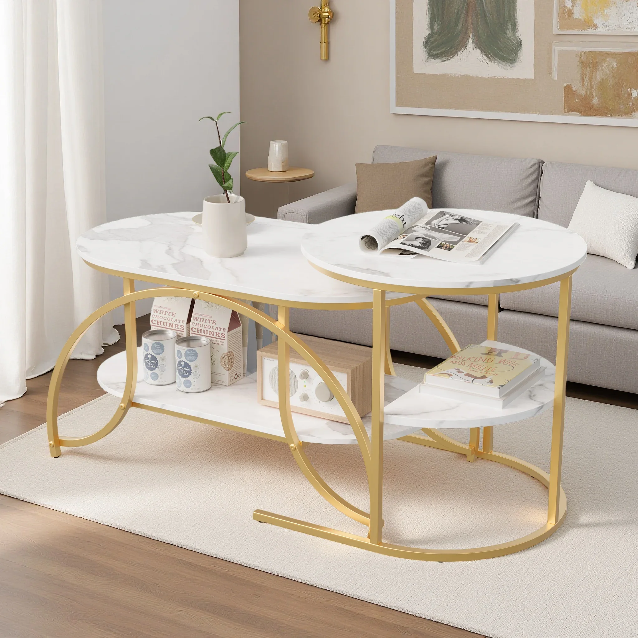 Rosahqnda Set di 2 tavolini da caffè, tavolino da divano con struttura in metallo, soggiorno moderno in legno, oro, bianco