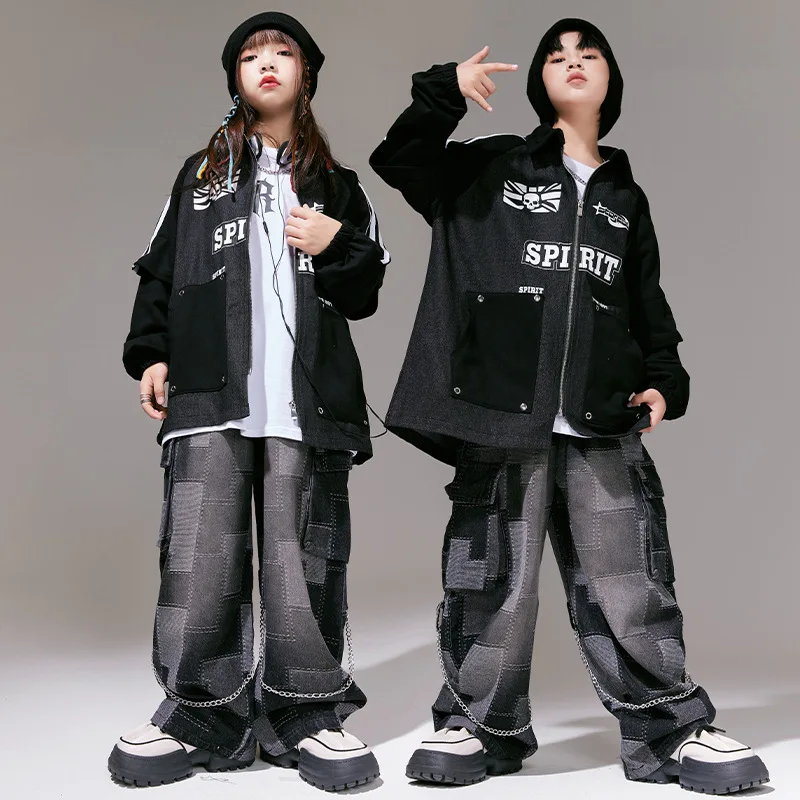 Vêtements de danse de rue pour enfants, costume de danse hip hop pour adolescents, manteau en denim noir adt, pantalon pour garçons et filles, vêtements de scène pour spectacle de jazz et de tambour