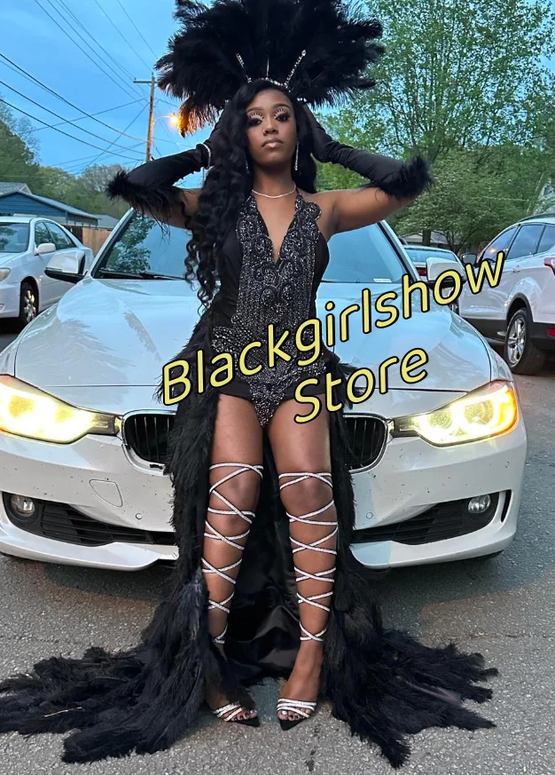 Luxury Black Feather Trailing Prom Dress 2024 For Women Sexy Glitter Diamante Birthday Party Celebrity Dress Black Girls Party