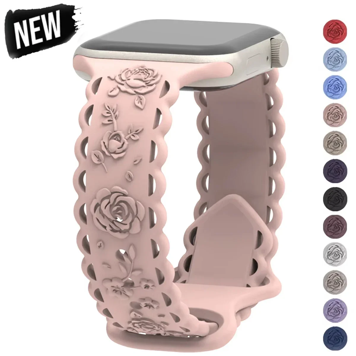 Floral Engraved Strap For Apple Watch Band 40 44 41mm 49mm 45mm 38mm 42mm Silicone bracelet for iwatch series 9 7 se 6 8 ultra 2