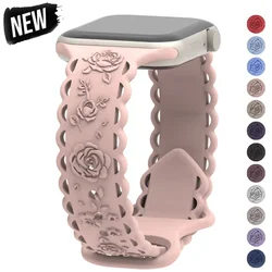 Correa grabada Floral para Apple Watch Band 40 44 41mm 49mm 45mm 38mm 42mm pulsera de silicona para iwatch series 9 7 se 6 8 ultra 2