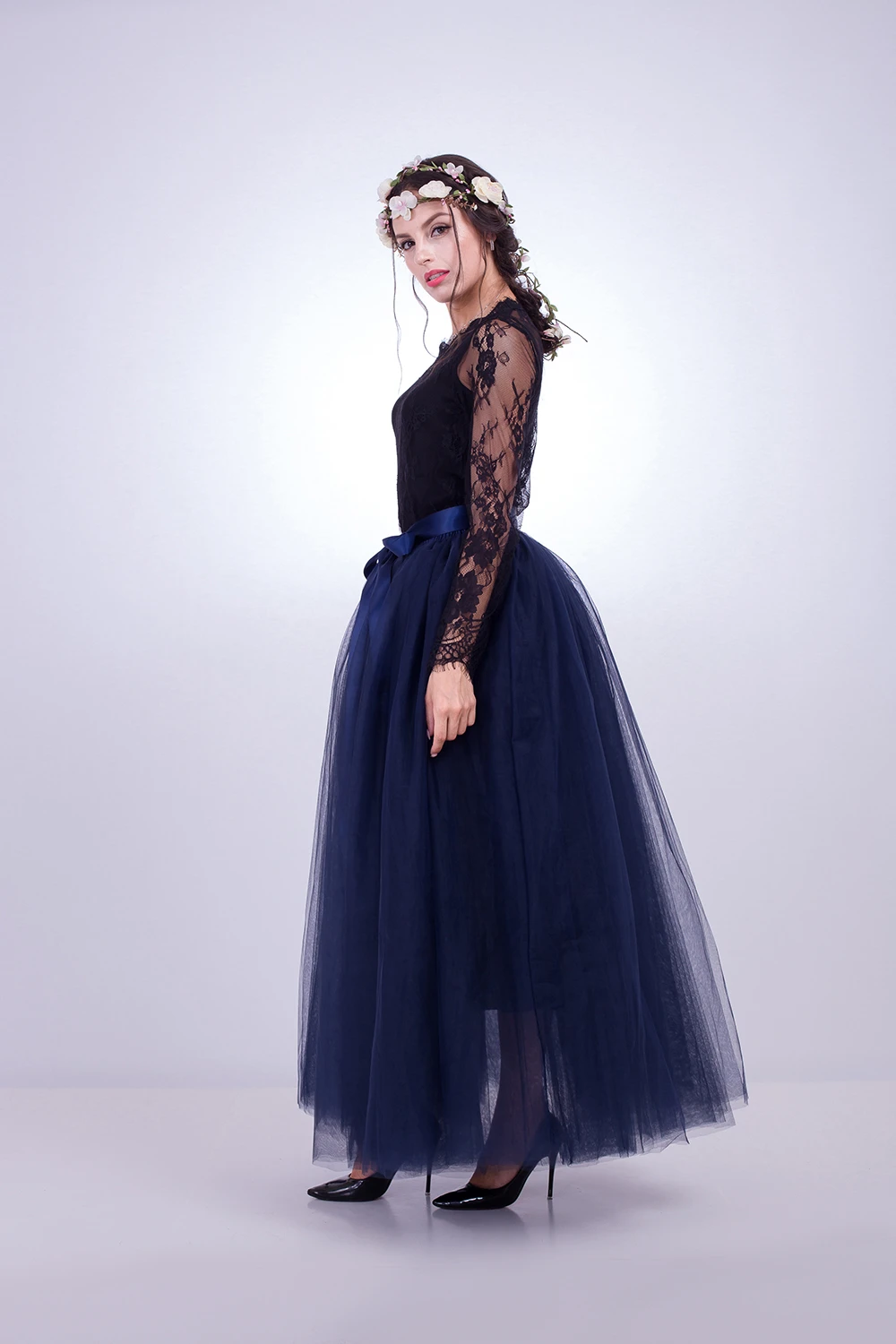 MisShow Rok Tutu Maxi Rok Peri Pinggang Elastis Tulle 7 Lapis Halus dengan Ikat Pinggang Pita A-Line 100Cm Rok Tari Rok