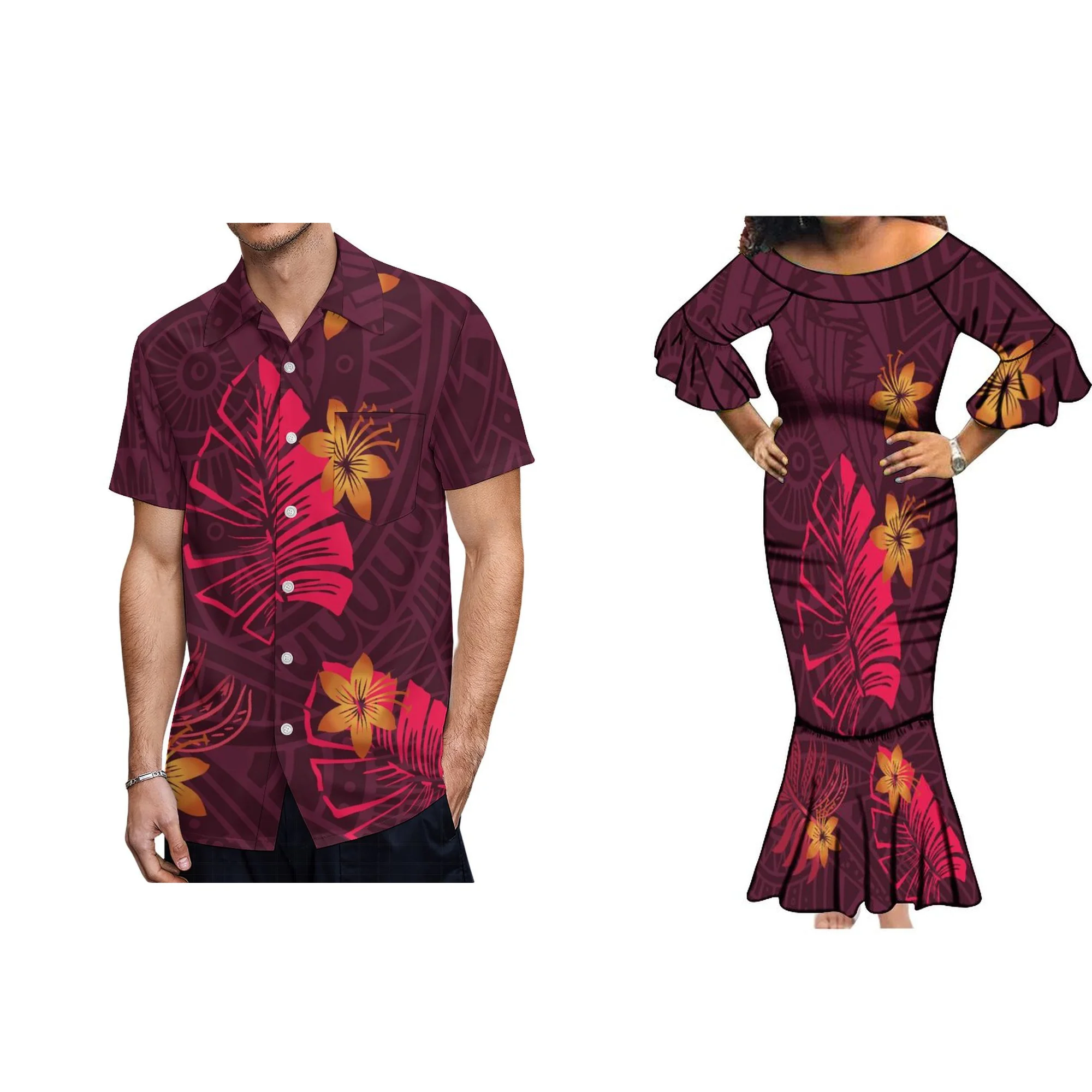 

New Custom Tonga Polynesian Tribal Print Ladies Big Crew Neck Ruffle Sleeve Fishtail Lady Plus Size Dress