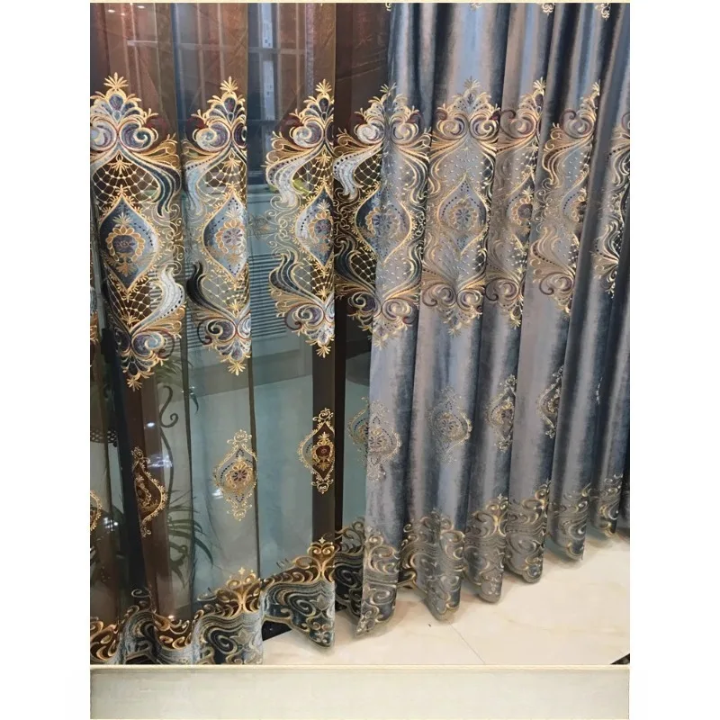 Custom  Size！！European Embroidered Velvet Cloth Luxurious Atmospheric Blackout Gradient Curtains for Living Dining Room Bedroom