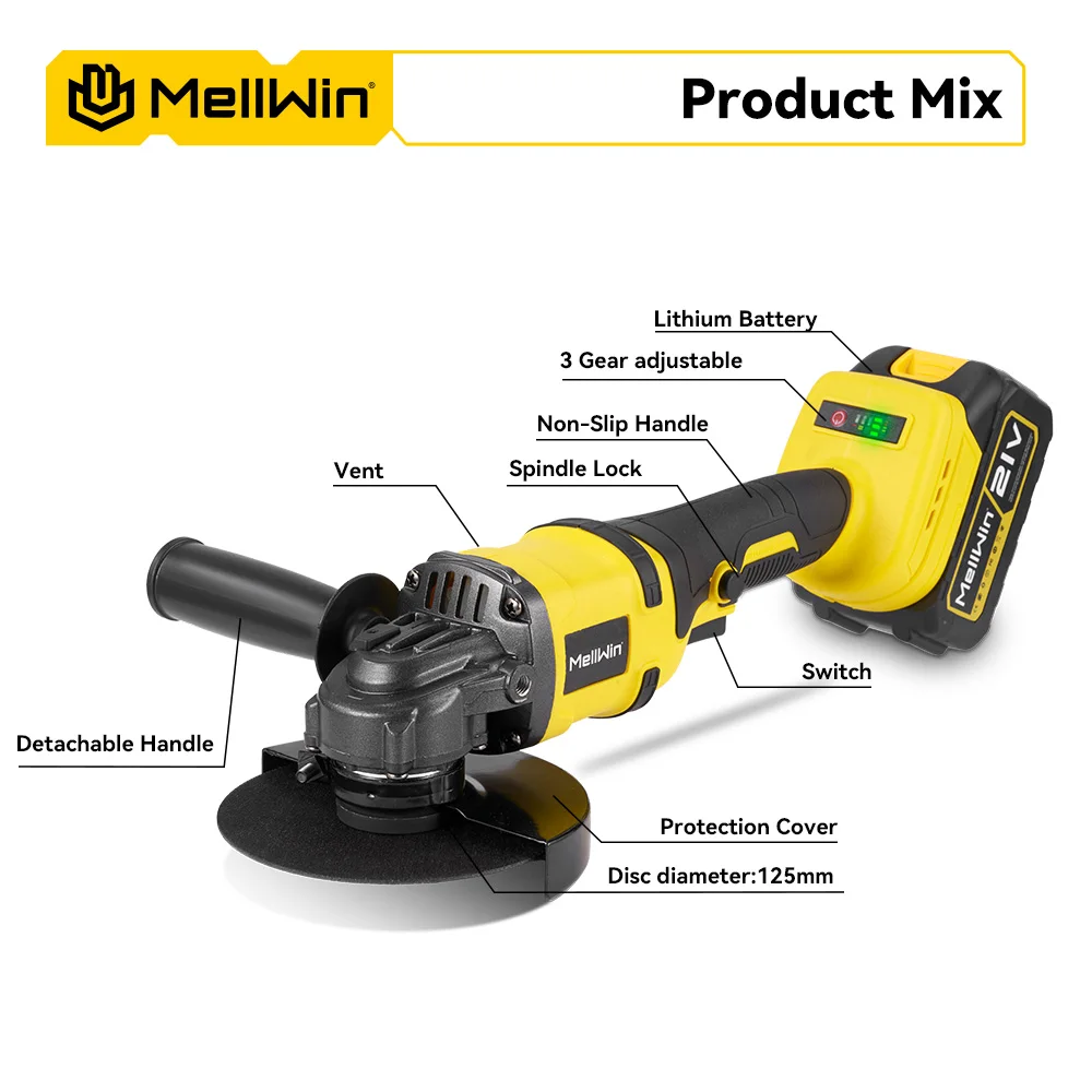 MELLWIN 125mm M14 Bürstenlosen Elektrischen Winkel Grinder Cordless Polieren Maschine Holzbearbeitung Cutter Werkzeug Für Makita 18V Batterie pin – Detail 5