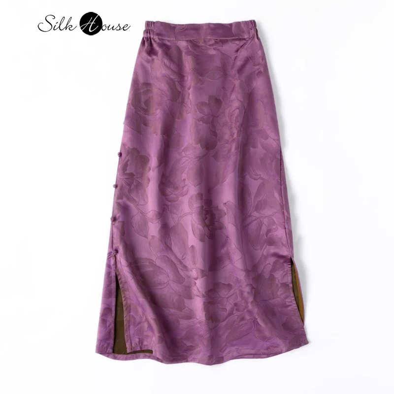 2024 Women's Fashion Spring New 45MM 100%Natural Mulberry Silk Gambiered Guangdong Gauze Purple Solid Button Wrap Hip Skirt