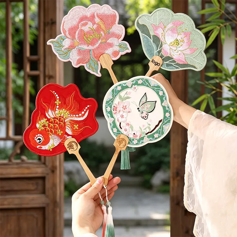 Personalized Custom Logo Text, Laser-Engraved Name and Date, New Chinese-Style Summer Hand-Held Fan, Embroidered National-Style Lotus Fan, Decorative Portable Ancient-Style Palace Flower-Shaped Fan