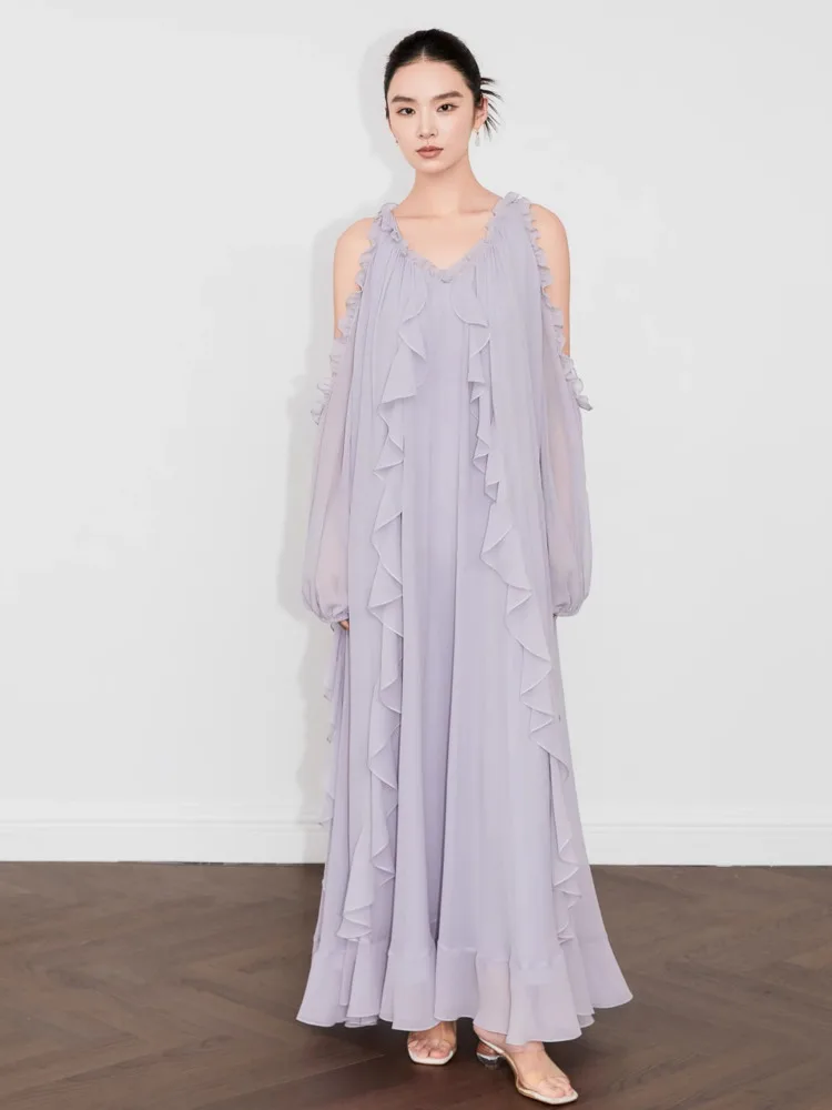 DFDG Damska Sukienka Maxi Minimalistyczna na Wiosnę Lato 2025, Odkryte Ramiona, Marszczenia, Długi Rękaw, Falbanki, Luźna, Wyszczuplająca Sukienka Wakacyjna