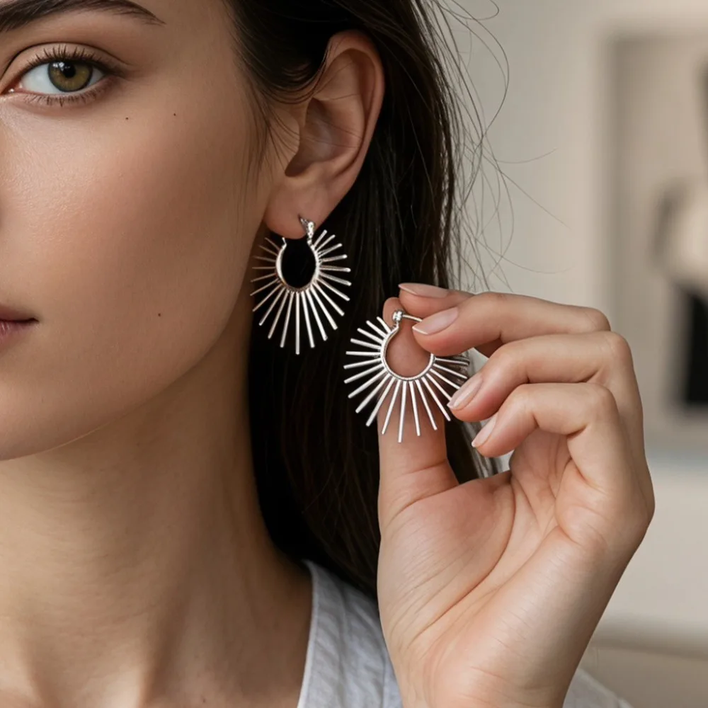 Personalized Minimalist Silver Color Sunburst Clip‑on Hoop Earrings for Women Fashion Party Street‑shoot Vacation Jewelry Gift