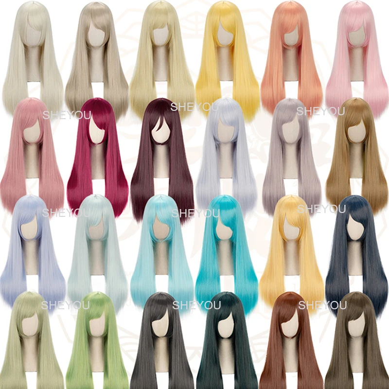 60cm Long Straight Cosplay Wig Heat Resistant Synthetic Hair Anime Party Lolita 48 Colors Colourful Solid Color Wigs + Wig Cap