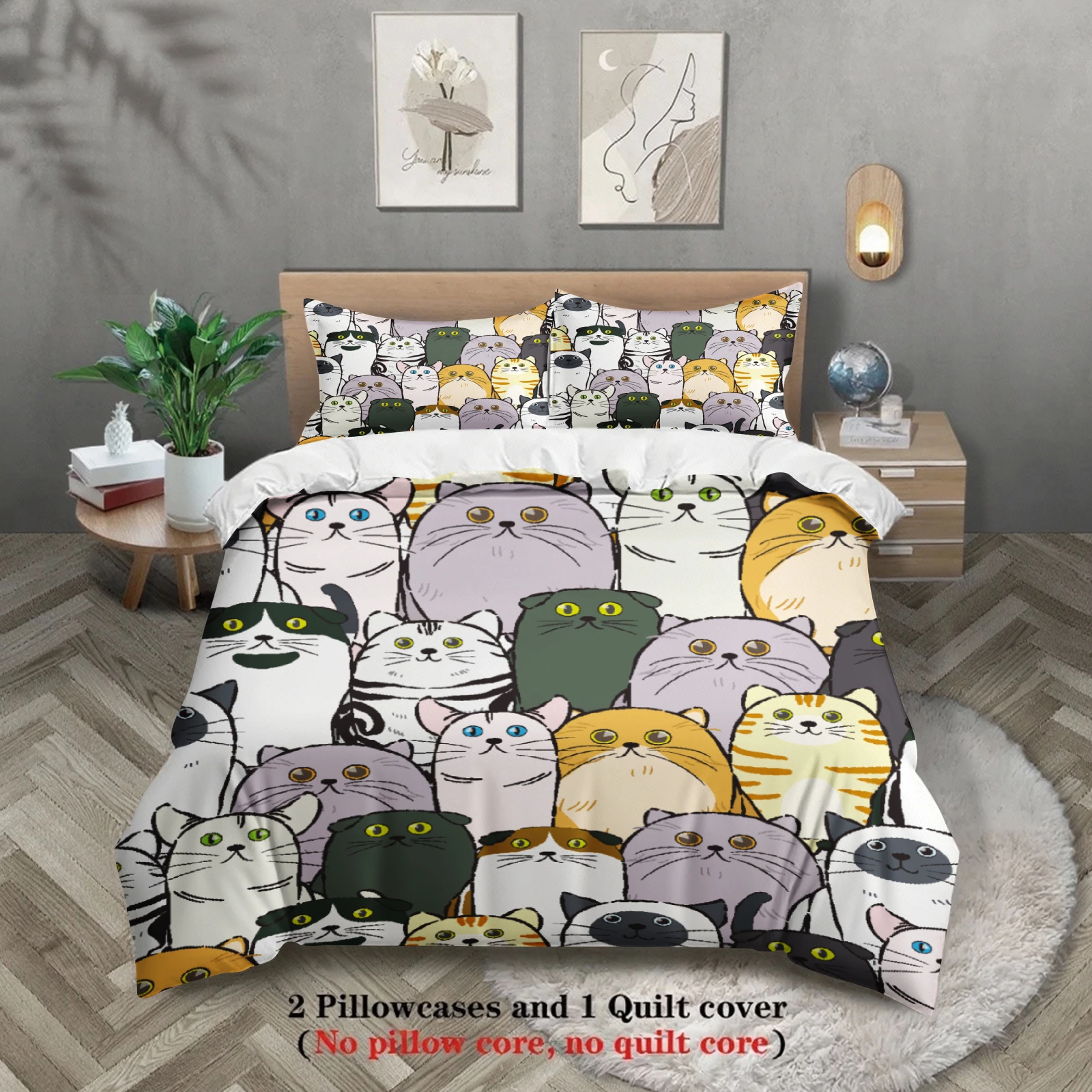 

Cute Cat Face Bedding Sets Comforter Not Included Cartoon Animal 3D Printed 3pcs 100% Polyester Duvet Cover With 2 Pillowcases