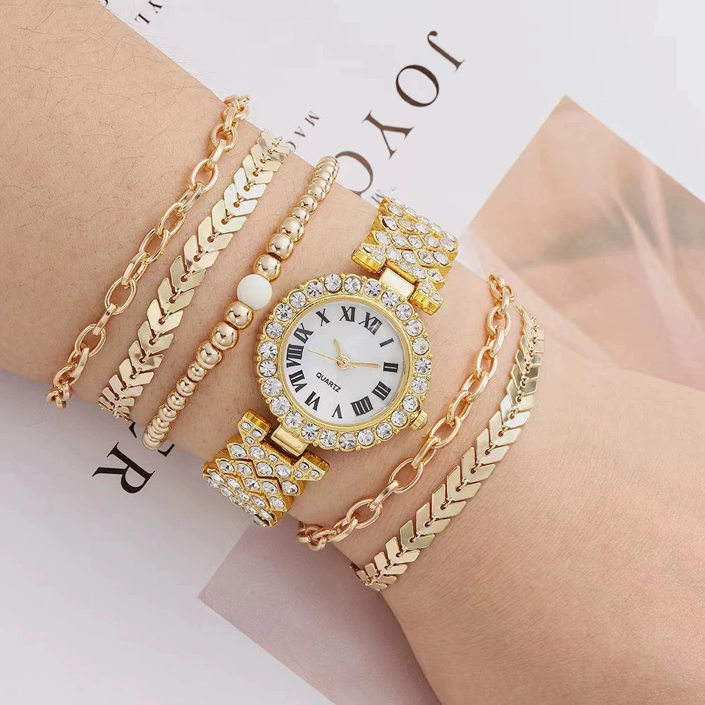 Casual Fashion Drilling Simple Roman Pattern Women's Watch Bracelet 6 Piece Gift Box Set