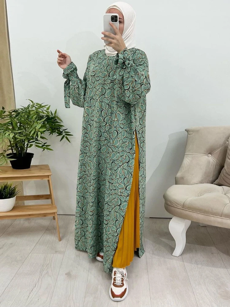 

Eid Muslim Dress for Women Abaya Morocco Ramadan Print Pleated Kaftan Islam Dubai Arab Modest Long Robe Vestidos Largo 2024