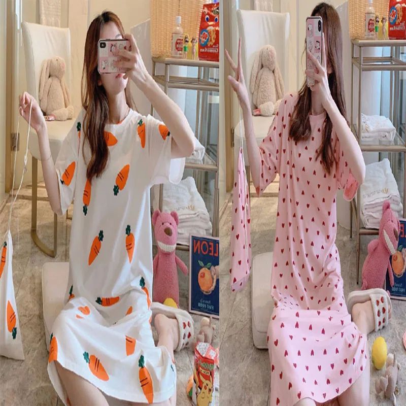 Women\'s Summer Nightgown Cute Mid-Length Nightgown Thin Home Wear Short-Sleeved Large Size Loose Maternity Pajamas