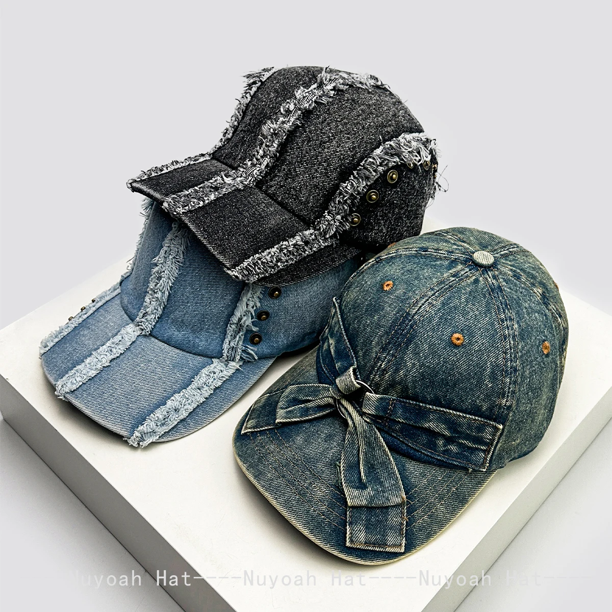 

New Men Women Retro Bow Broken Style Baseball Hats Sunshade Korean Warm Personal Peaked Caps Outdoor Versatile Distress Fashion