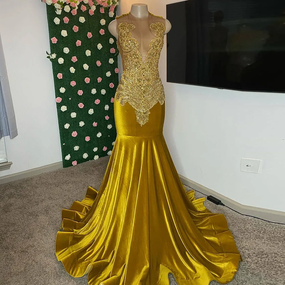

Gold Velvet Prom Dresses Black Girls 2025 Crystal Mermaid Party Outfit Long African Women Evening Dress Customized