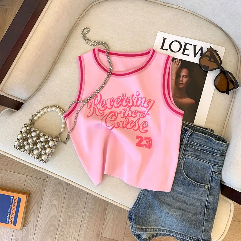 Summer American Sexy Dopamine Pink Printed Knitted Resort Sweet Spicy Girl Sleeveless Slim-fitting Short Vest