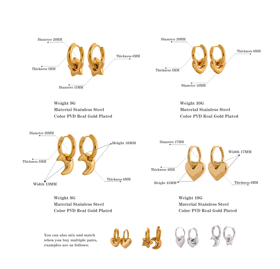 Yhpup Stern Mond Herz Anhänger Tropfen Creolen Huggie Ohrringe 18 Karat vergoldet trendiger wasserdichter Edelstahl Mode Charm Schmuck – Detail 19