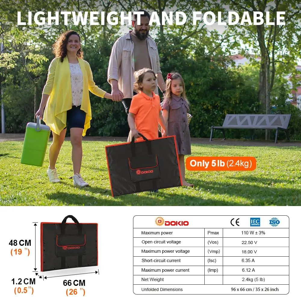 110w 18v Portable Foldable Solar Panel Kit (21x28inch, 5.9lb),Solar Controller 2 USB Output to Charge 12v Batteries/Power