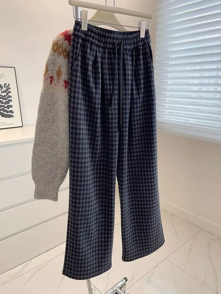 레트로 하이웨이스트 스트레이트 레그 캐주얼 팬츠 여성용 루즈핏 따뜻한 체크 팬츠 안티에이징 트렌디 겨울 패션