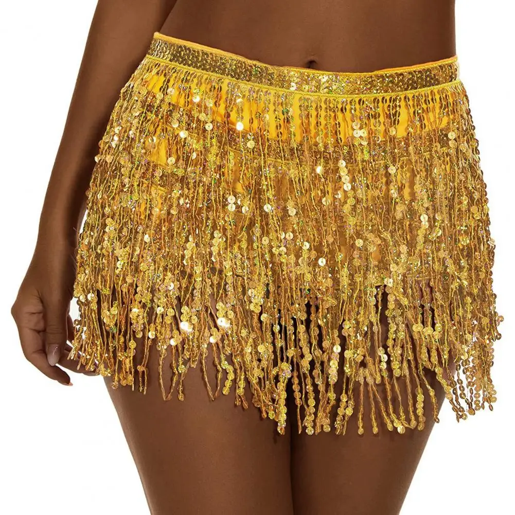 Women Skirt Sparkling Sequin Tassel Skirt for Belly Dance Rave Parties Glitter Fringe Mid-rise Skirt