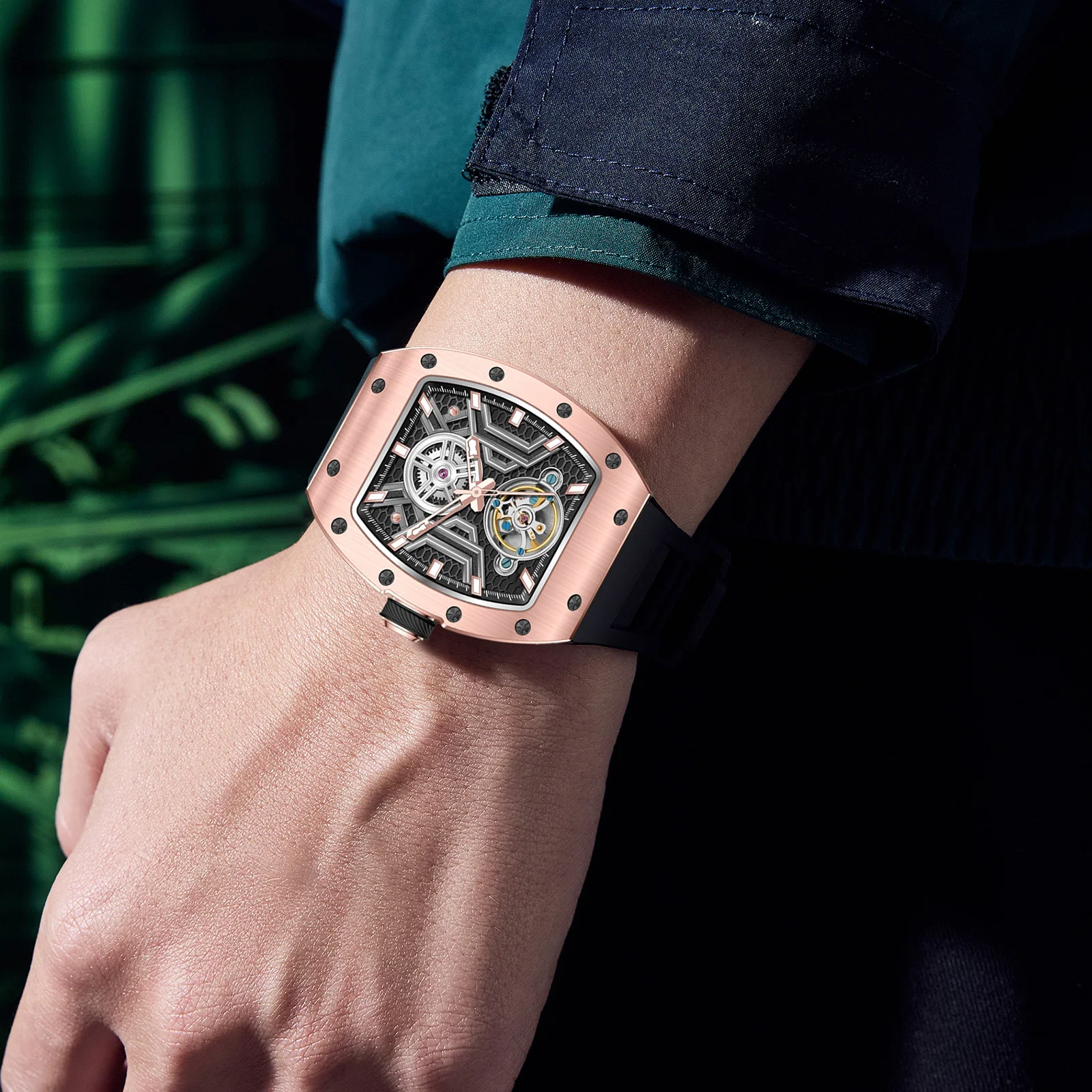 Newly Launched Sports Style Automatic Mechanical Watch for Men Full Hollow Dial Design Stainless Steel Case Silicone Strap