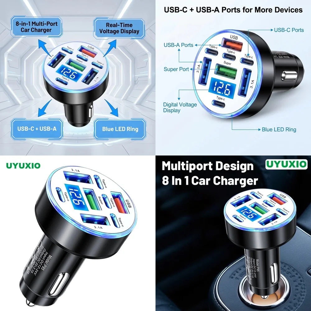 Smart USB C Multi Port Car Charger for iPhone 17 Samsung S26 Ultra iPad with Digital Voltage Display for All Car Drivers