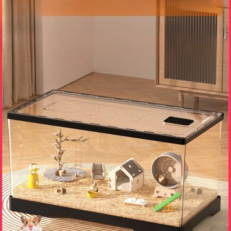 

Hamster Cage Acrylic Transparent Luxury Villa Feeding Box Gold Bear Cages with Lid Breathable DIY Landscaping Hamster House
