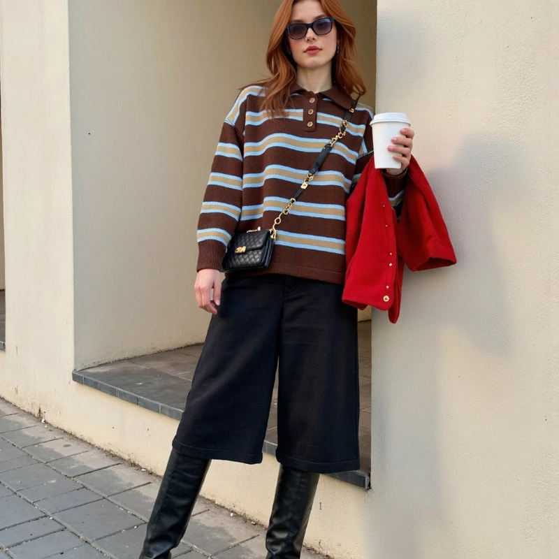 

Осенний женский вязаный топ в полоску с воротником-поло 2025 г. | Модный повседневный свитер с цветными блоками