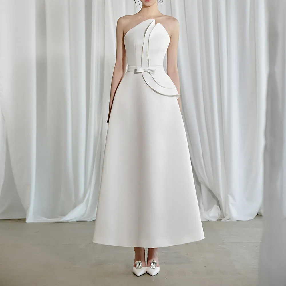 

Customized A-line Evening Dresses Ankle-length Strapless Sleeveless Prom Gown Fashion Bow Sashes Draped Backless Party Gown