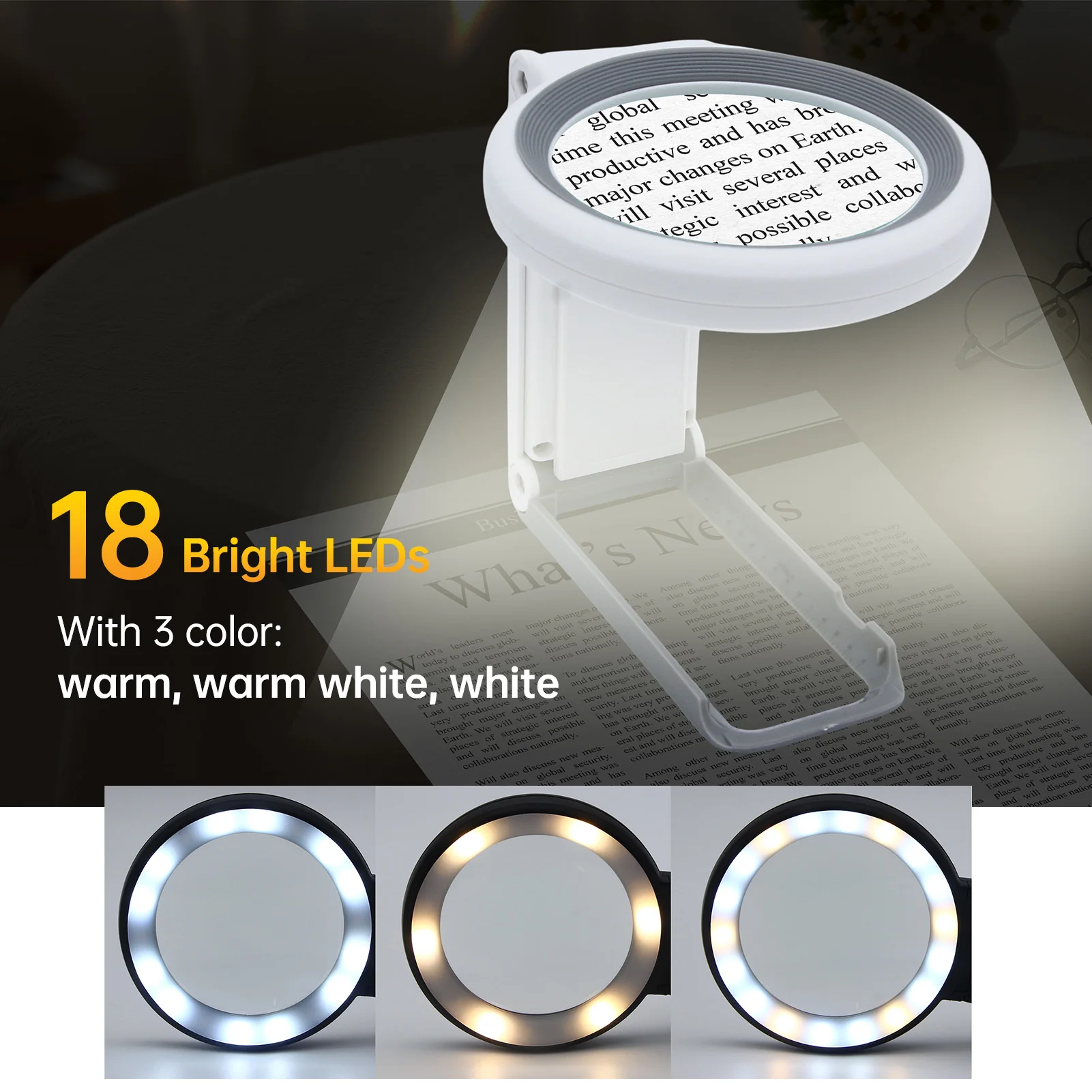 Lupa portátil 30x/10x com luz led alça dobrável para leitura de página de livro completo suporte de jornal 3 luz
