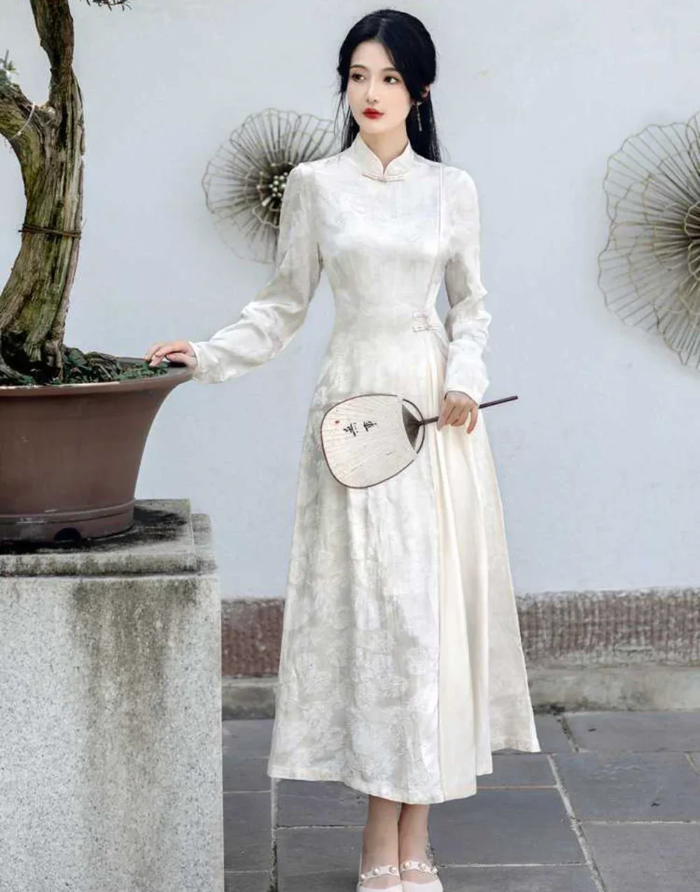 Jacquard Women Ao Dai Improve Vietnam Dress Traditional Chinese Evening Cheongsam White Long Sleeve Ladies Elegant Qipao Dress