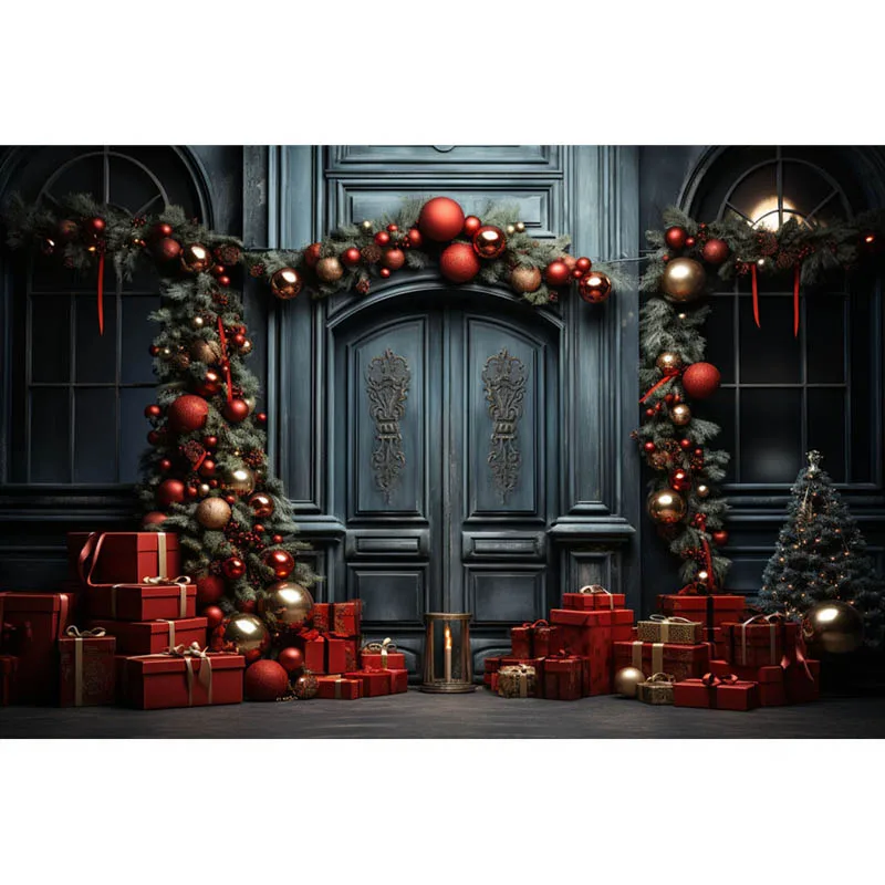 Moclicka alat peraga fotografi Natal, latar belakang pintu hitam dan merah kotak hadiah dekorasi pohon Natal latar belakang profesional