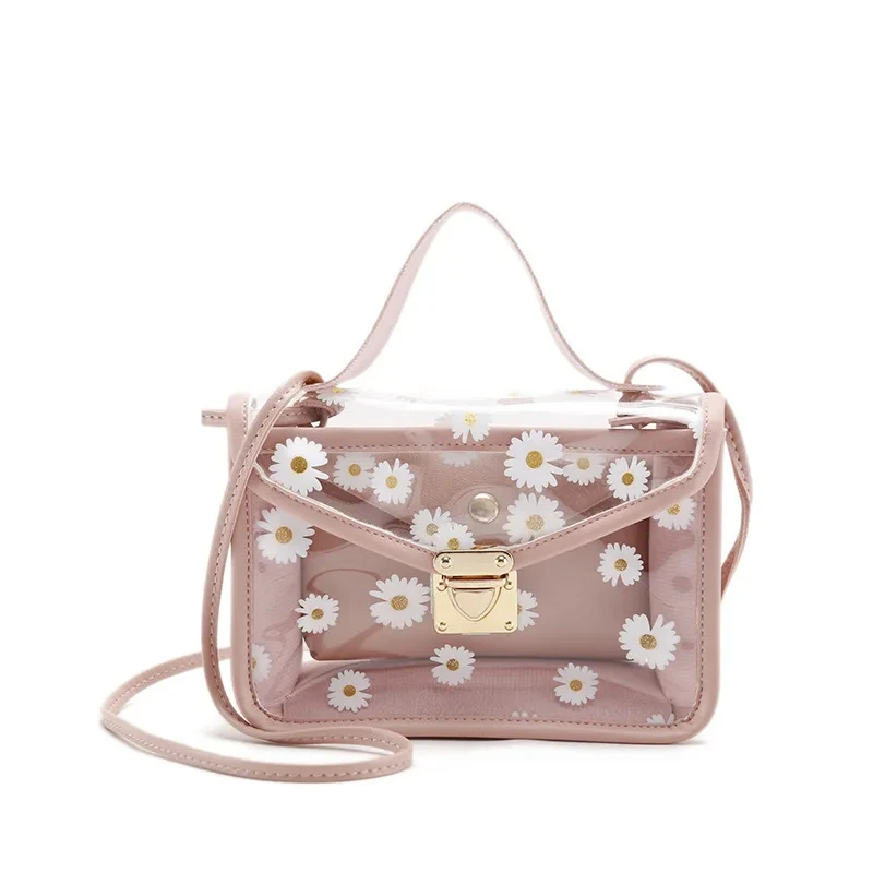 Fashion Women Transparent Daisy Pattern Shoulder Bag Hardware Chain Strap Color Block Messenger Handbag Composite Tote