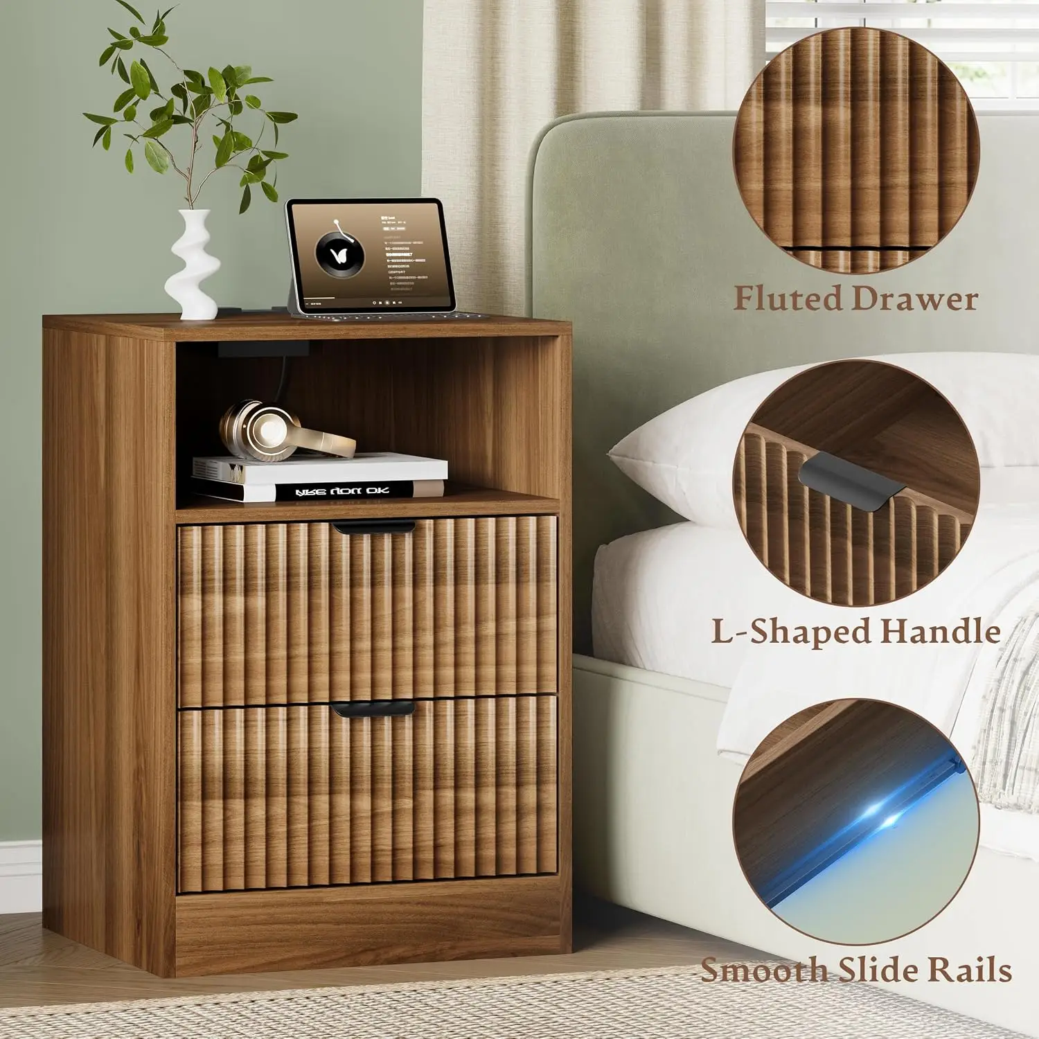 Group Photo Using Led Light 15.6 Inch Wide Walnut Fluted Nightstand Set of 2 with 2 Drawers luxury ...