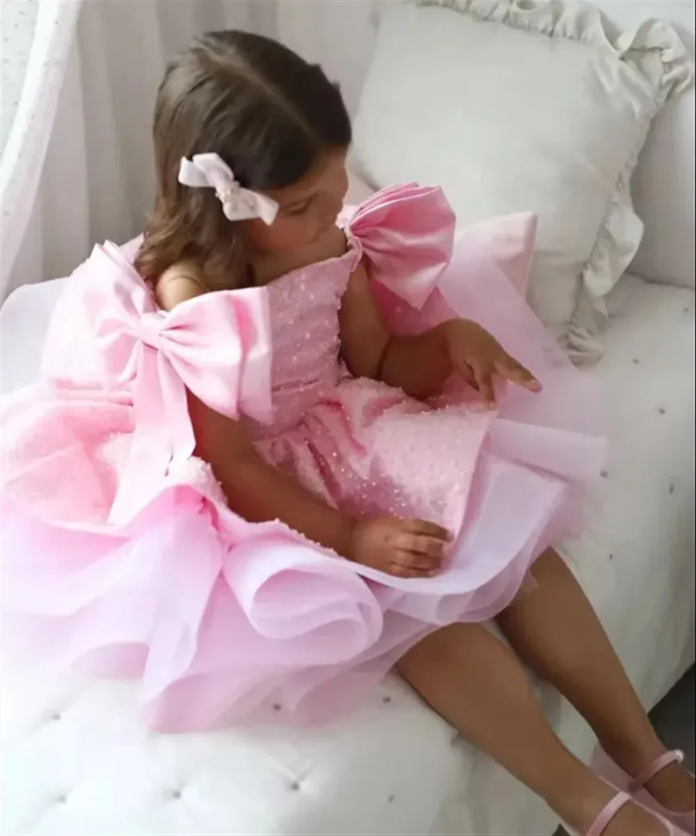 

Shiny Customized Pink Flower Girl Wedding Dress Sequins Bow Knee Length Cute Princess Brithday Pageant First Communion Ball Gown
