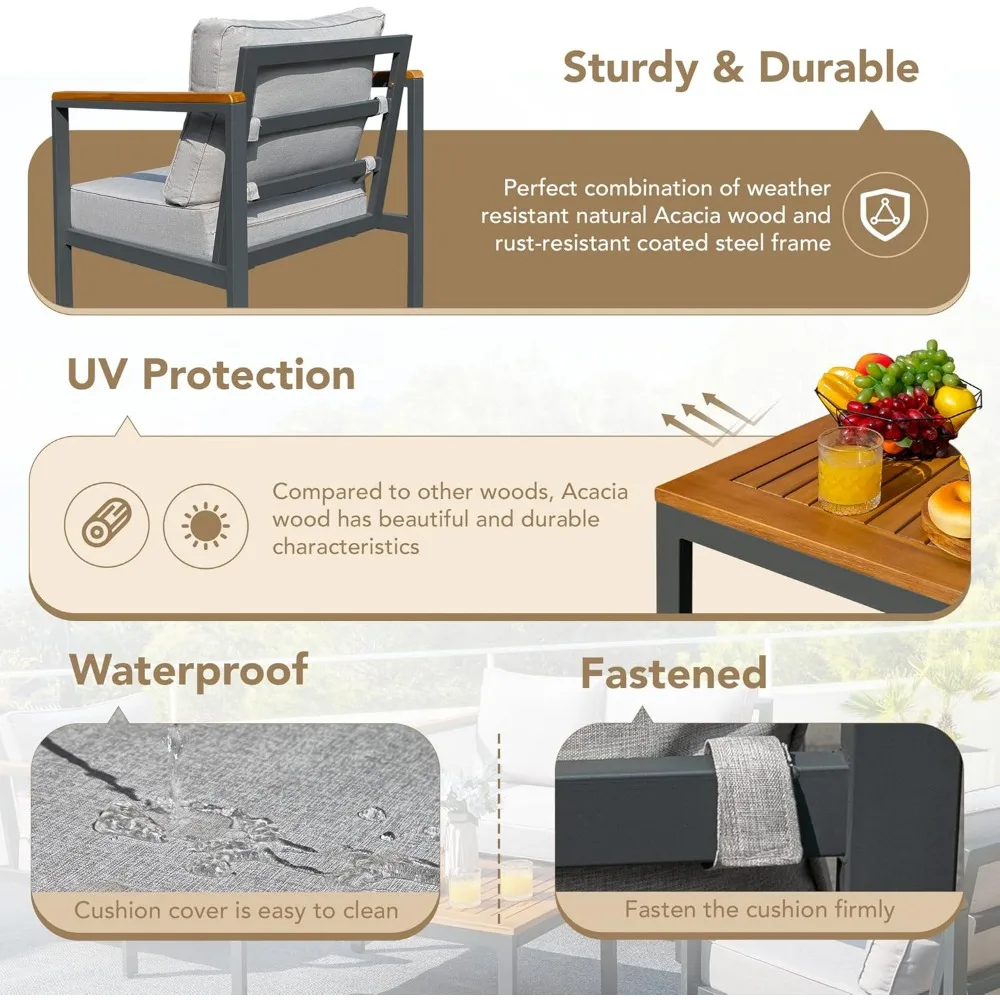 4 조각 파티오 가구 세트 야외 대화 세트 아카시아 나무 소파 세트 커피 테이블 두꺼운 스폰지 쿠션