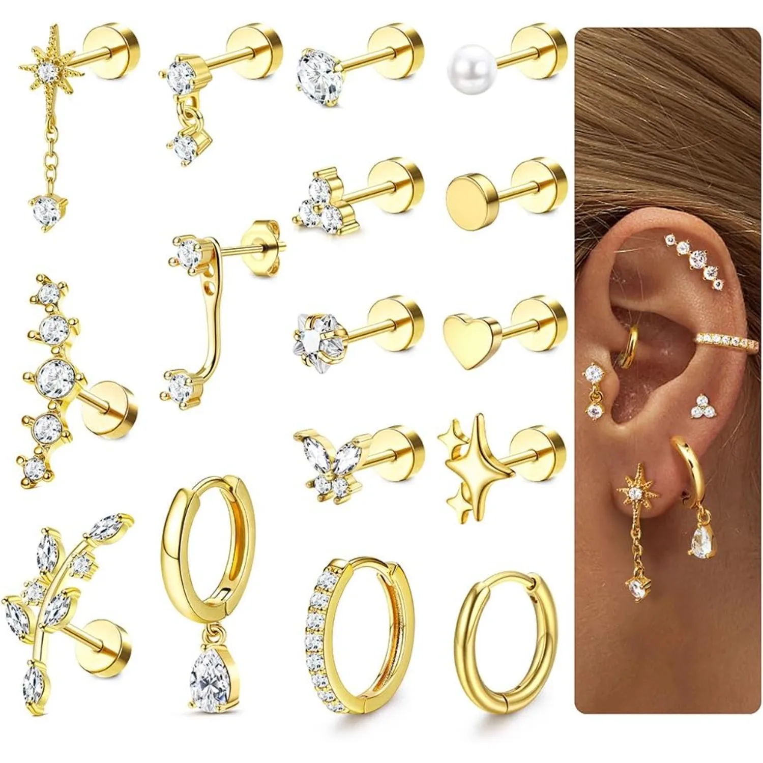 

Florideco 16Pcs Helix Piercing Jewellry Flat Back Earrings Stainless Steel Studs Hoop Cartilage hypoallergenic Earring for Women