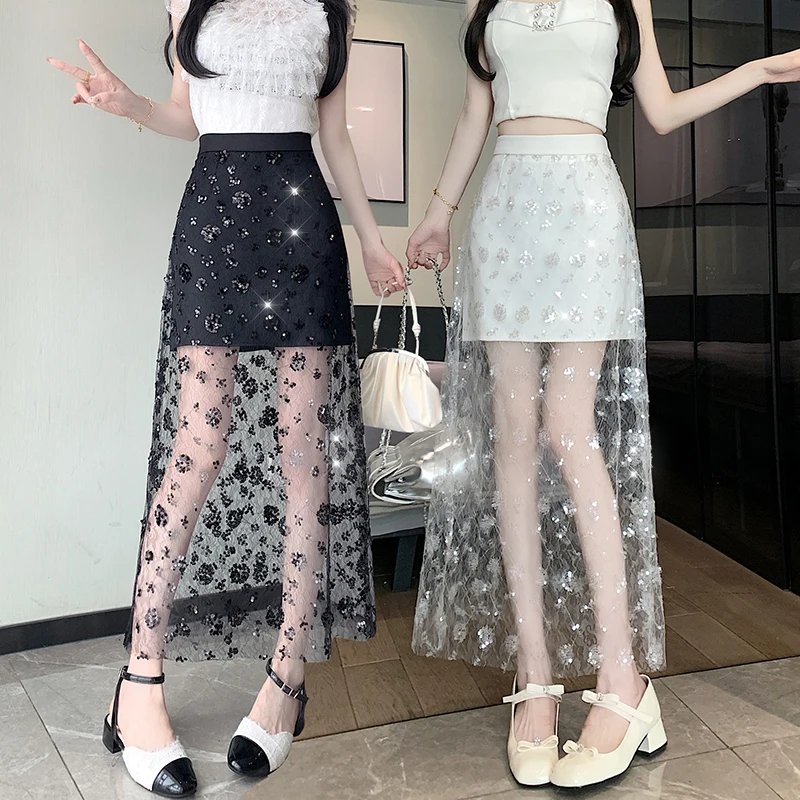 

Coigarsam Women Skirt Spring 2024 New Office Lady Lace High Waist Mesh Sequins White Black Skirts