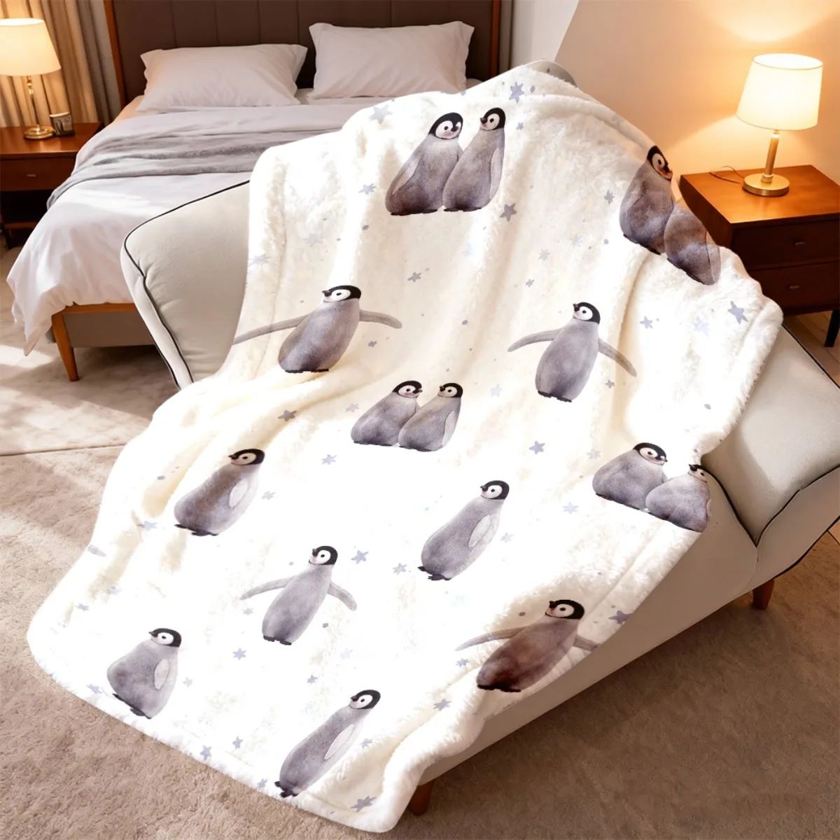 1pc Cute Baby Penguin Starry Sky Pattern Flannel TV Blanket Lightweight, Fine Craftsmanship, Anti-Tear, Vibrant Colors Refined P