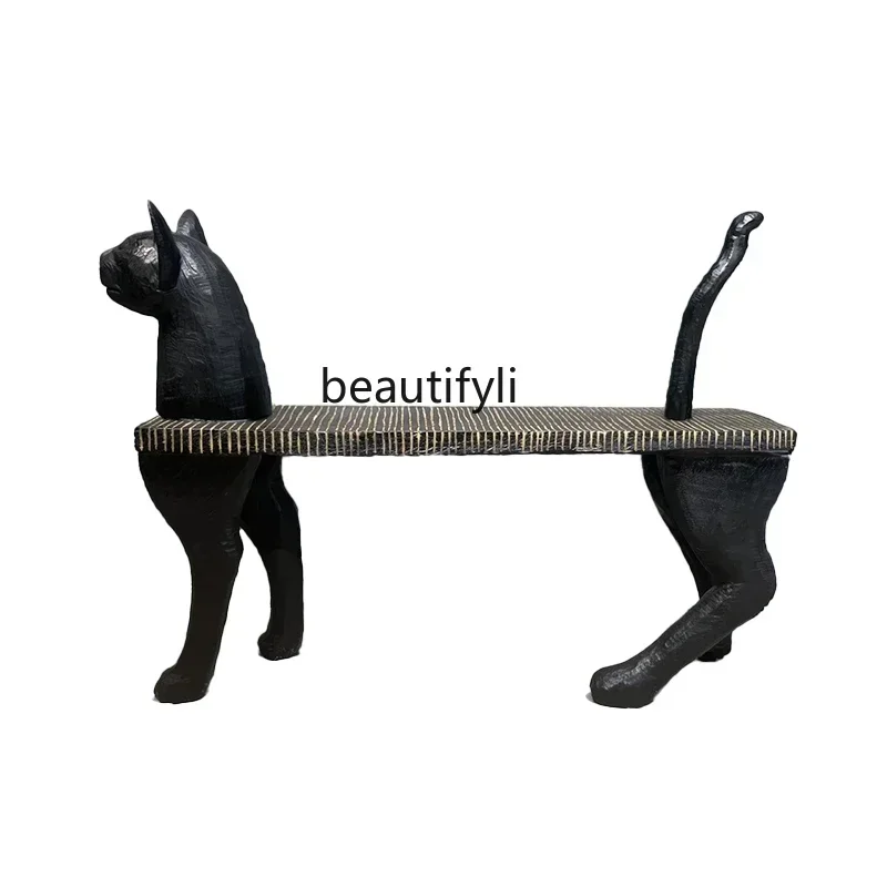 

yj32 Asmt52 Shoe changing stool Solid wood animal cat head Handmade artist utensils Original design of bedside stool